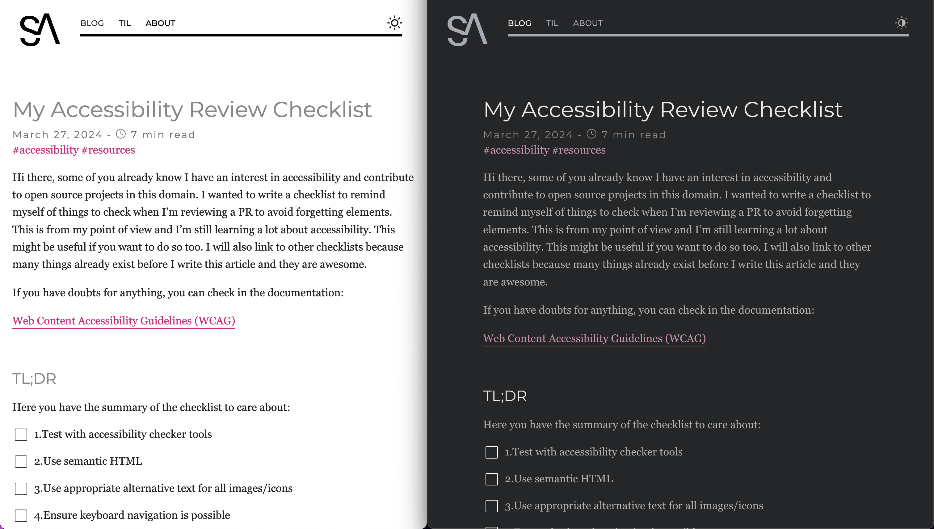 Dark mode example on sarahabd.com website.