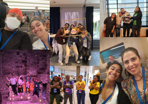 Collage of my friends in multiple conferences: we can see Kojo, Thibaud, Sage, Eli, Raffaella