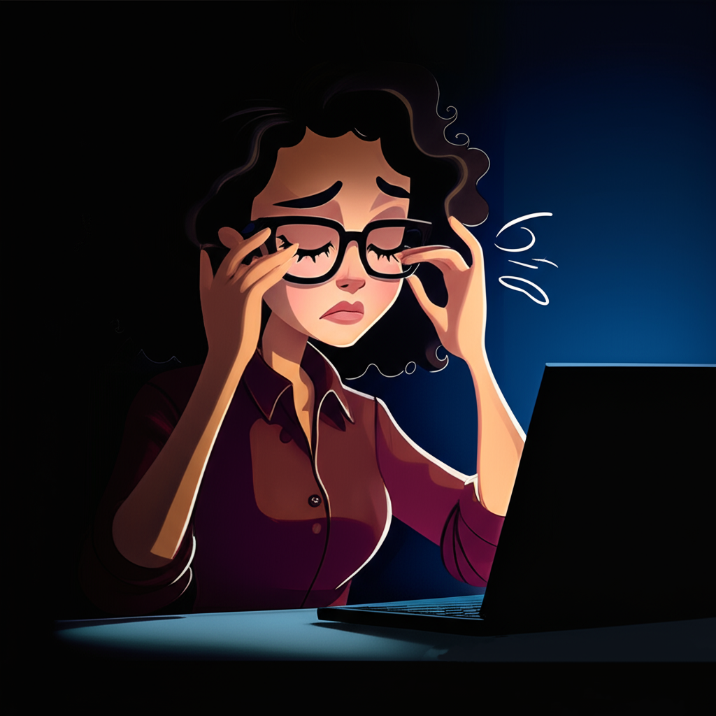cartoon of me coding in front a computer during the night, eyes are hurting.
