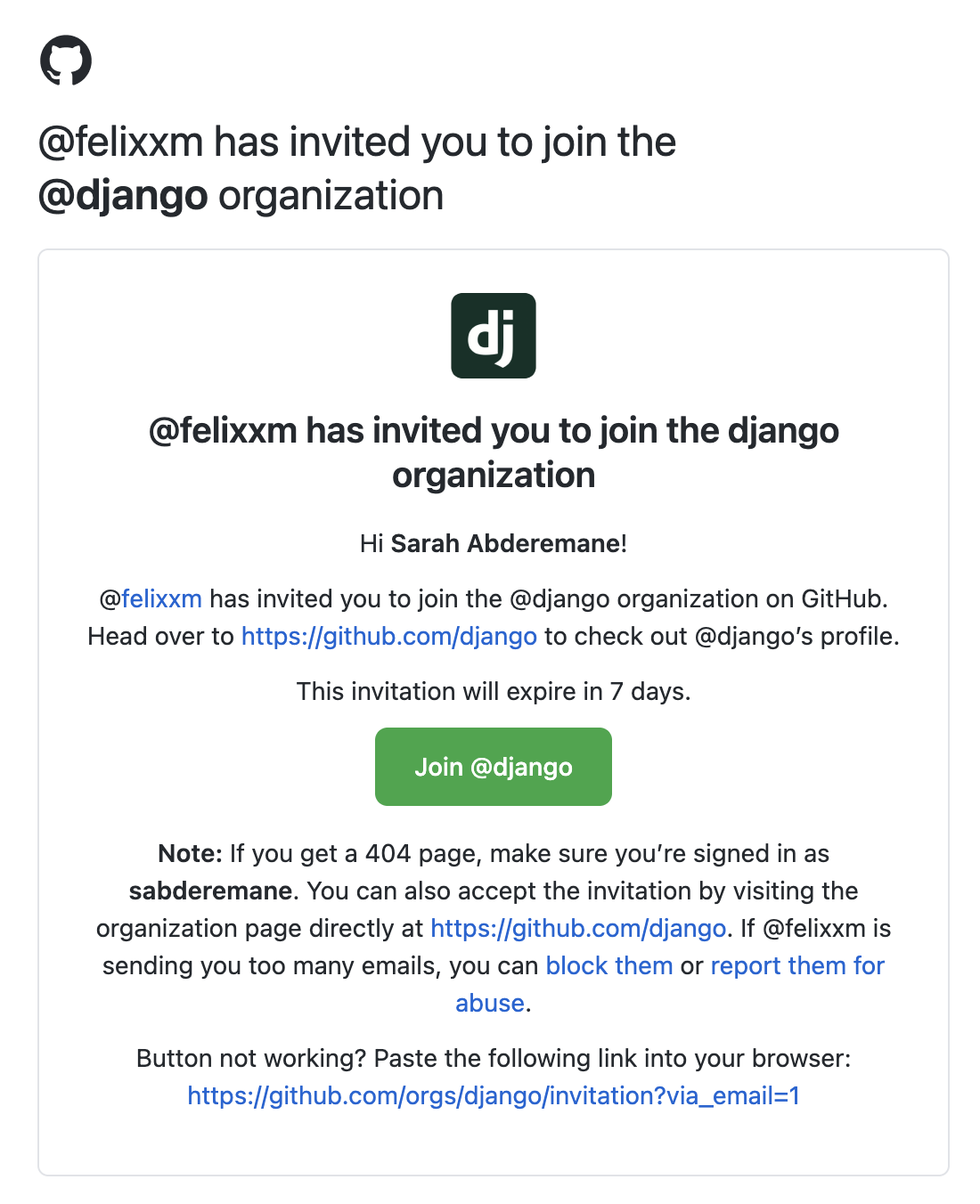 Email to join the GitHub Django organization from Mariusz Felix