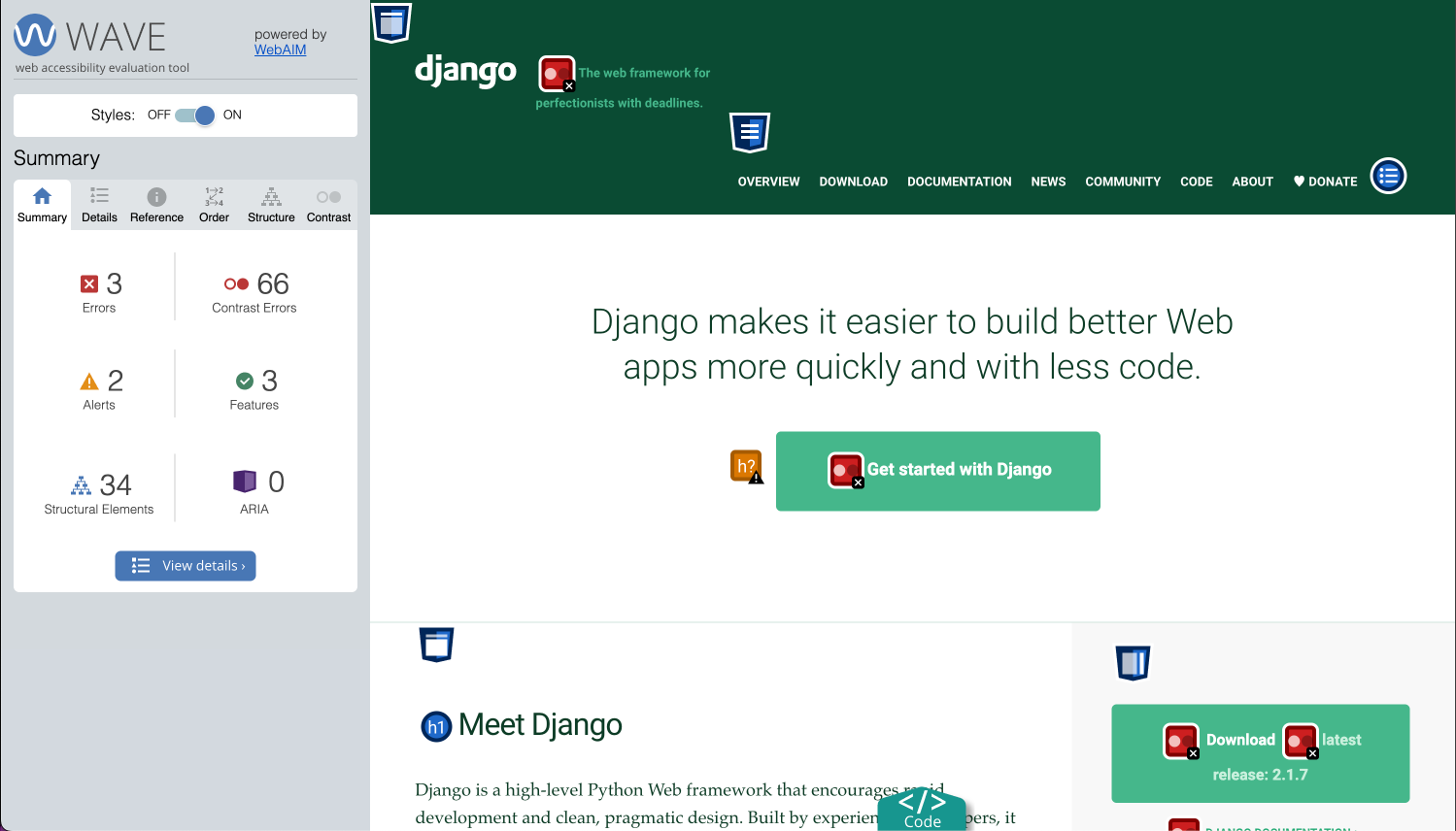 screenshot of the Django website in 2021 with the WAVE extension used to check the website in terms of accessibility.